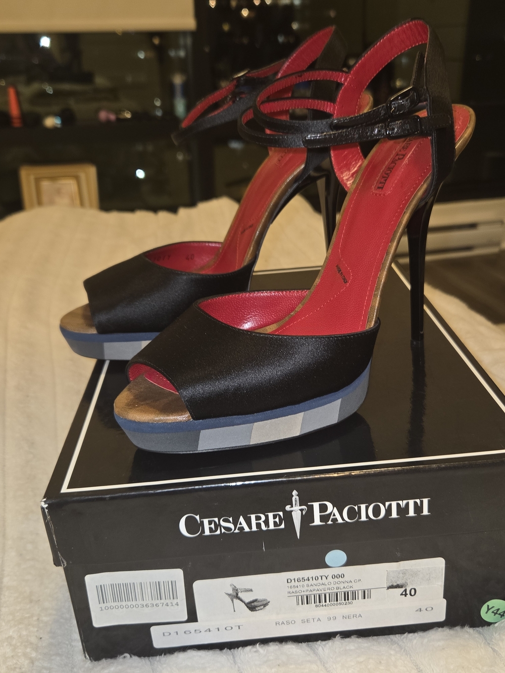 Cesare Paciotti Black Satin Platform Sandals with Red Lining